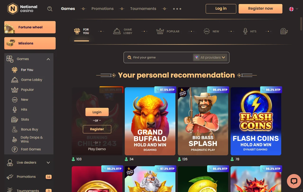 Online slots, table games and live dealers available at National Casino Australia