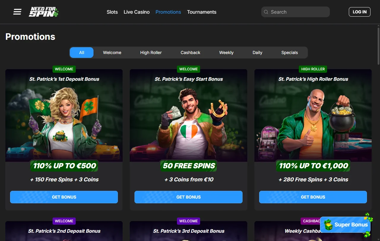 Welcome bonus promotion details and ongoing loyalty rewards available through Need for Spin Casino