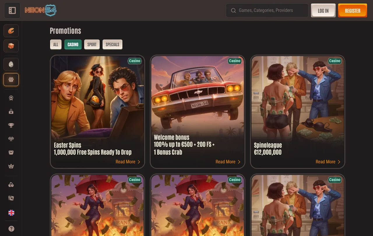 Neon54 Casino game library featuring 3,000+ titles from Pragmatic Play, Evolution Gaming and Hacksaw Gaming