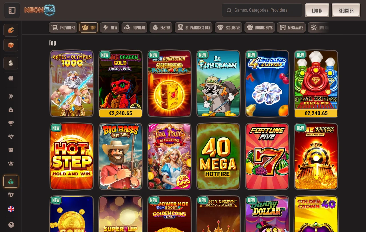 Neon54 Casino welcome bonus package offering 200% up to 2,000 AUD with transparent wagering terms