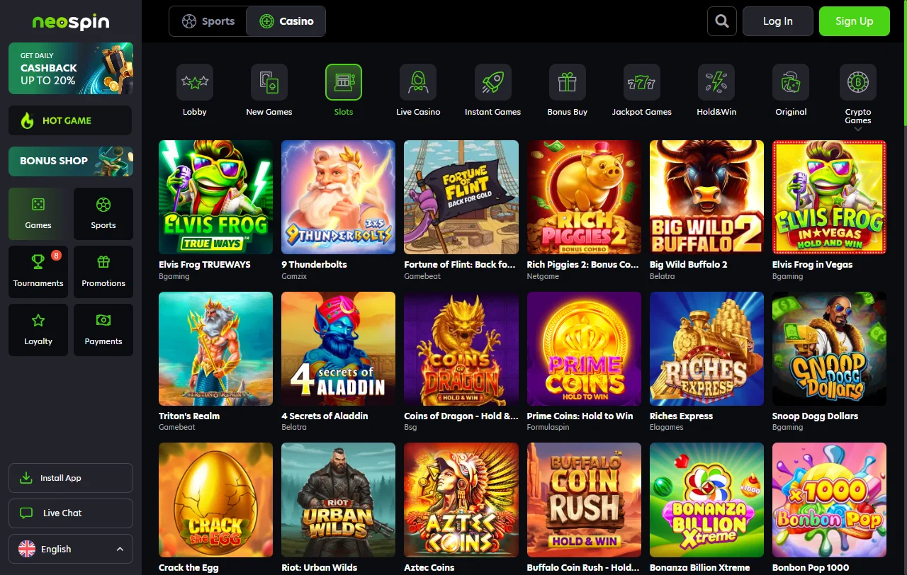 Game selection including 3,000+ titles from Pragmatic Play and Evolution Gaming at Neospin Casino