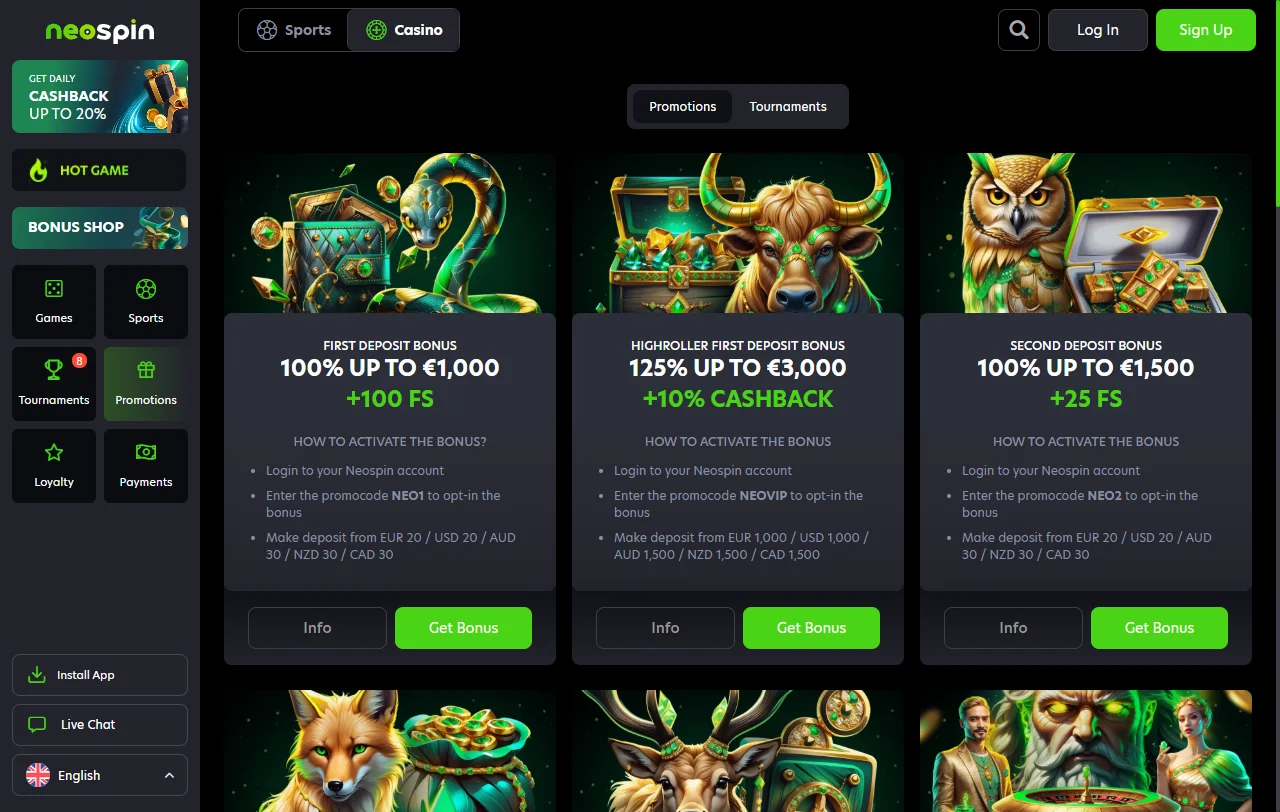 Welcome bonus package approximately 150% up to AUD 1,500 plus free spins at Neospin Casino