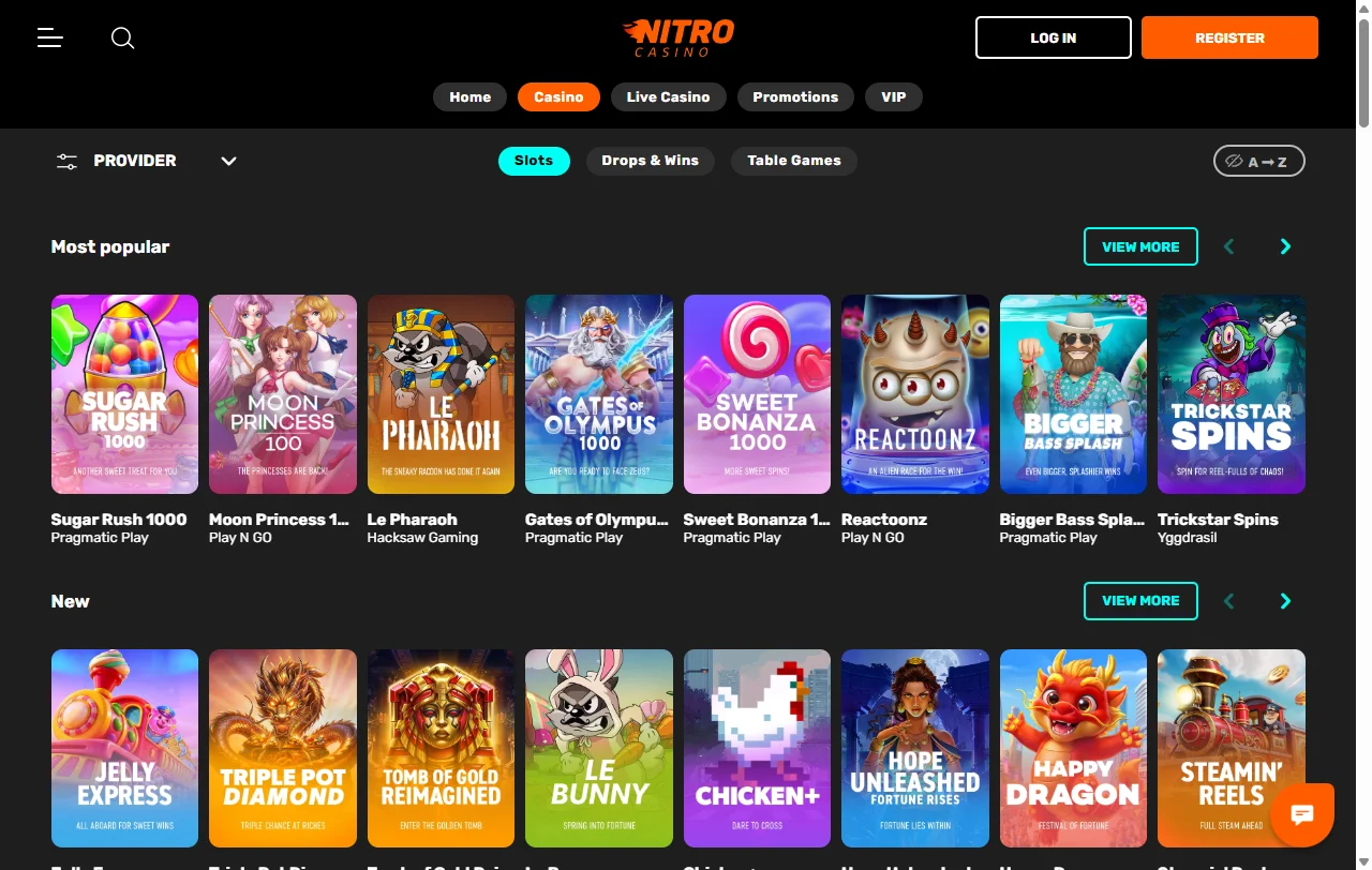 Nitro Casino game library featuring slots, live dealer tables and multiple software providers