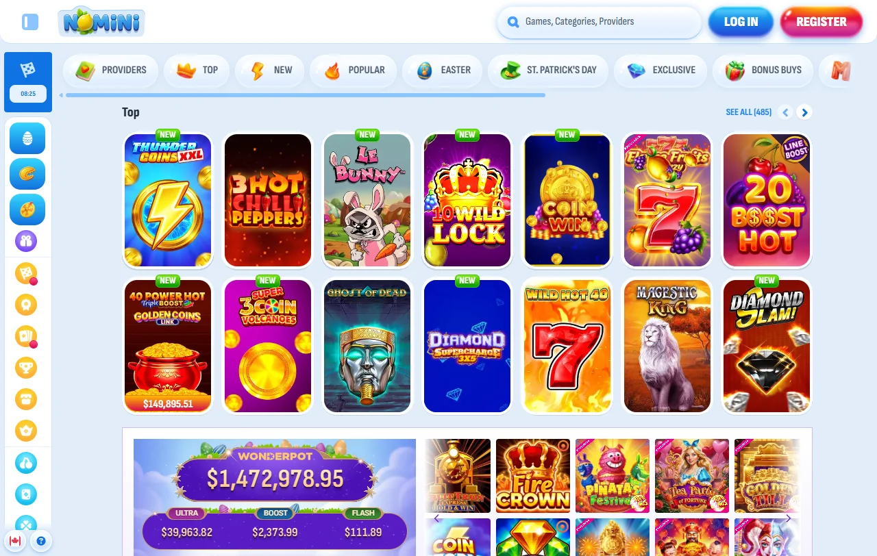 Welcome bonus promotion details for Nomini Casino displaying 100% match and free spins offer