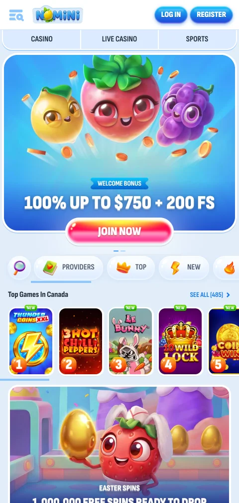 Mobile-optimised Nomini Casino platform demonstrating responsive design for smartphone gaming