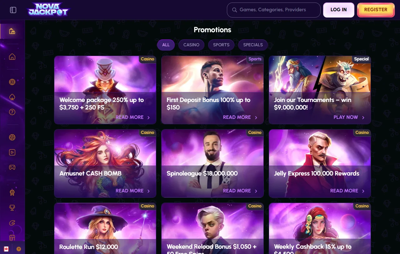Slots, table games and live dealer offerings available at Novajackpot Casino with provider partnerships