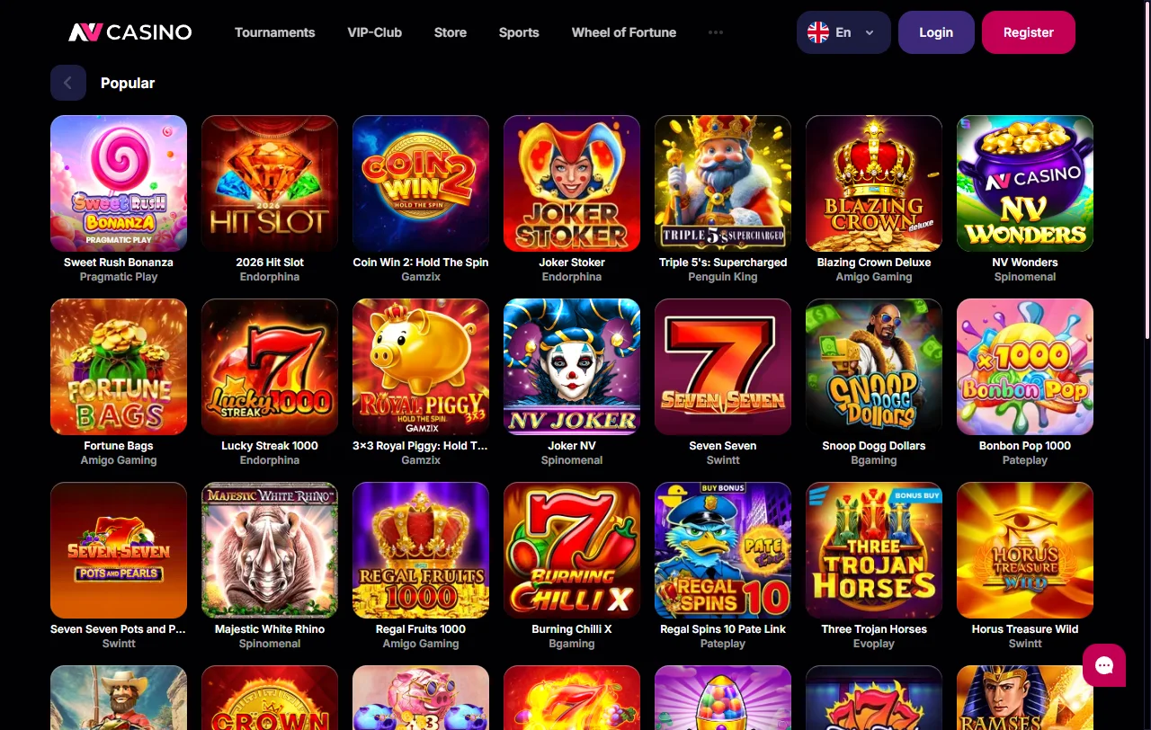 NV Casino game library featuring slots, live dealer tables, and entertainment from Pragmatic Play and Evolution Gaming