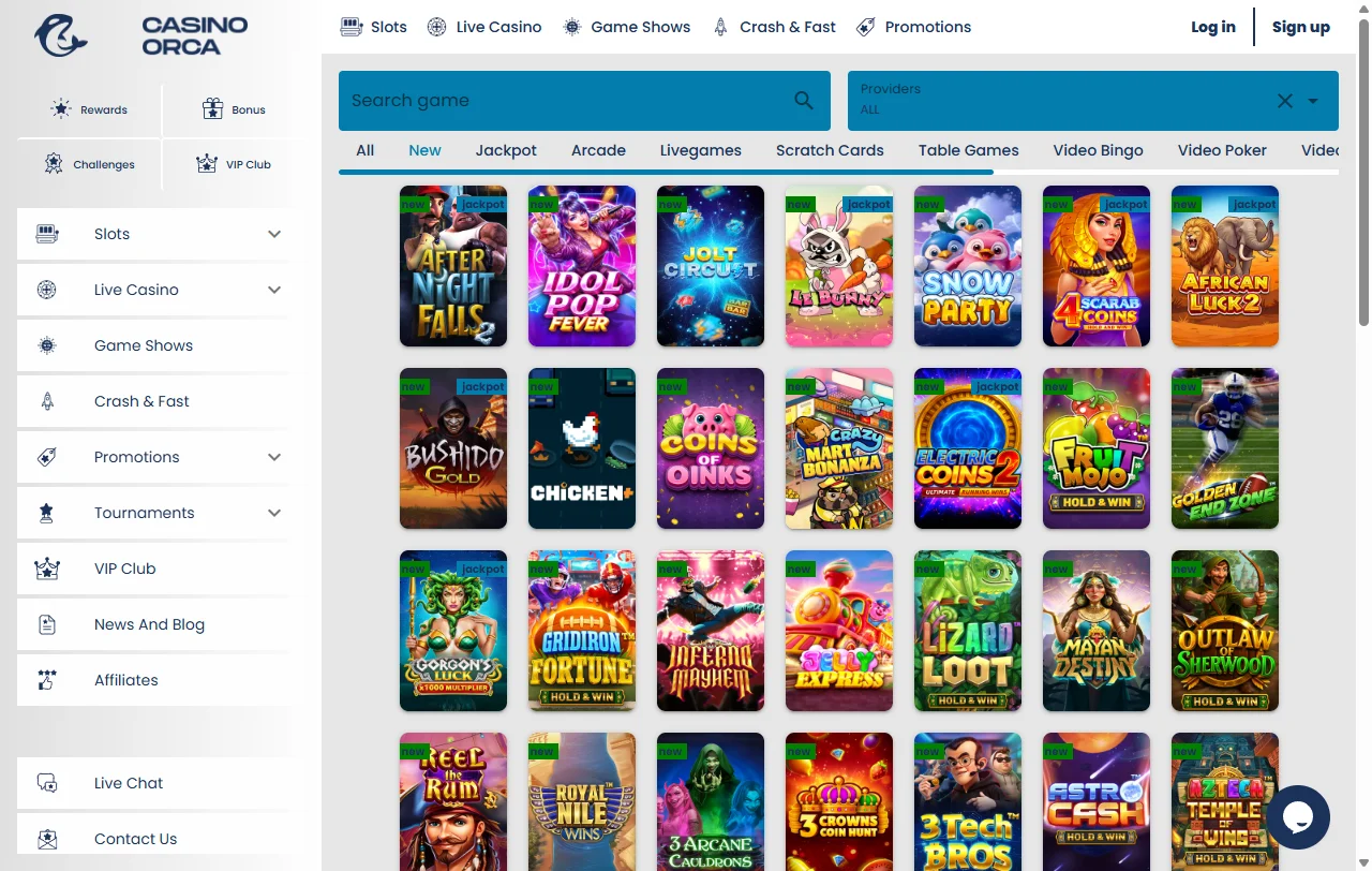 Orca Casino game library featuring 3,500+ slots, table games, and live dealer titles from top providers
