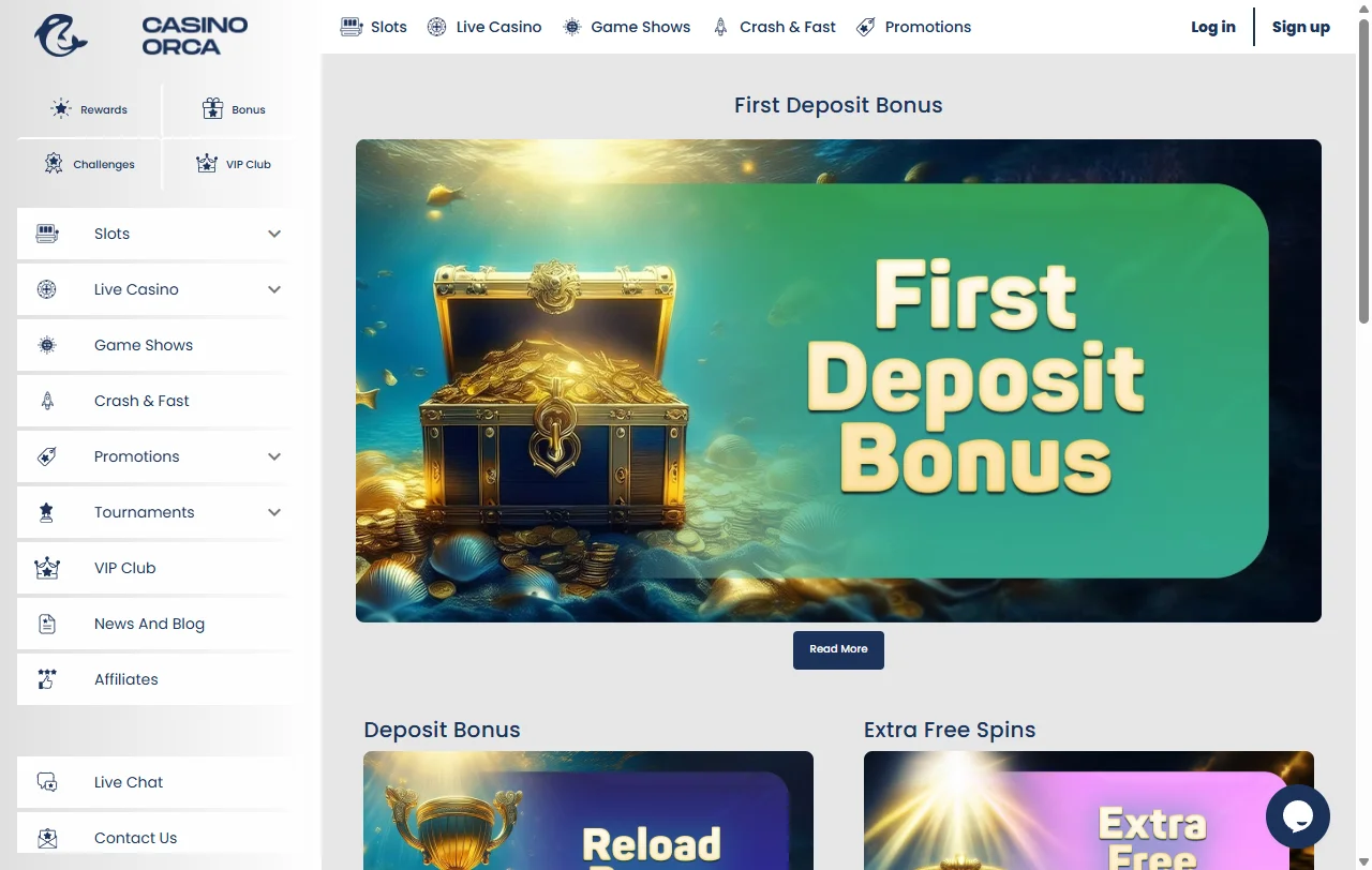 Welcome bonus and promotional offers at Orca Casino including 100% match and free spins details