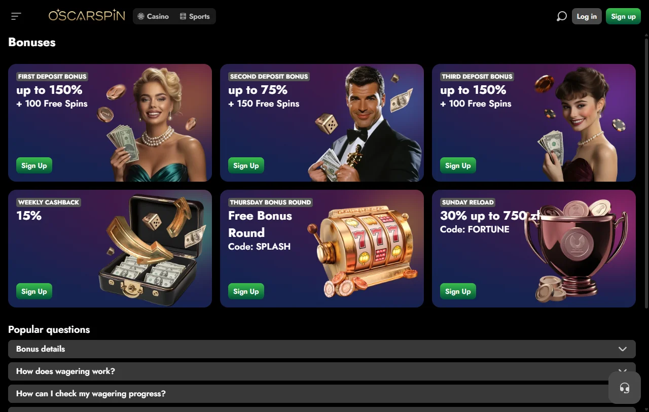 Welcome bonus approximately AUD 500 and ongoing promotions featured at Oscarspin Casino Australia