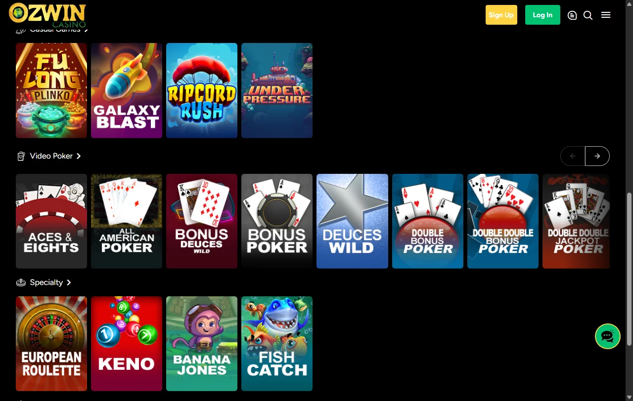 Game selection showcasing Ozwin Casino