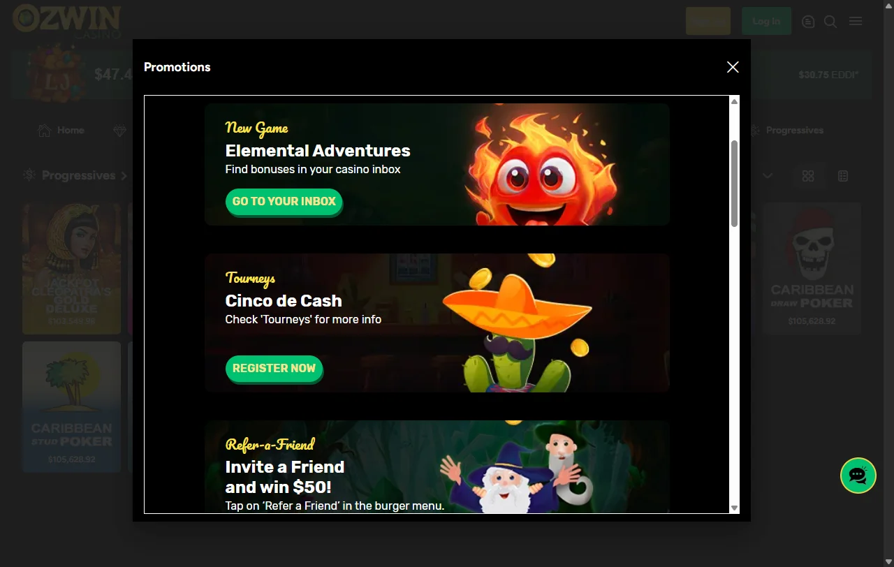 Welcome bonus and promotional offers available at Ozwin Casino for new account holders