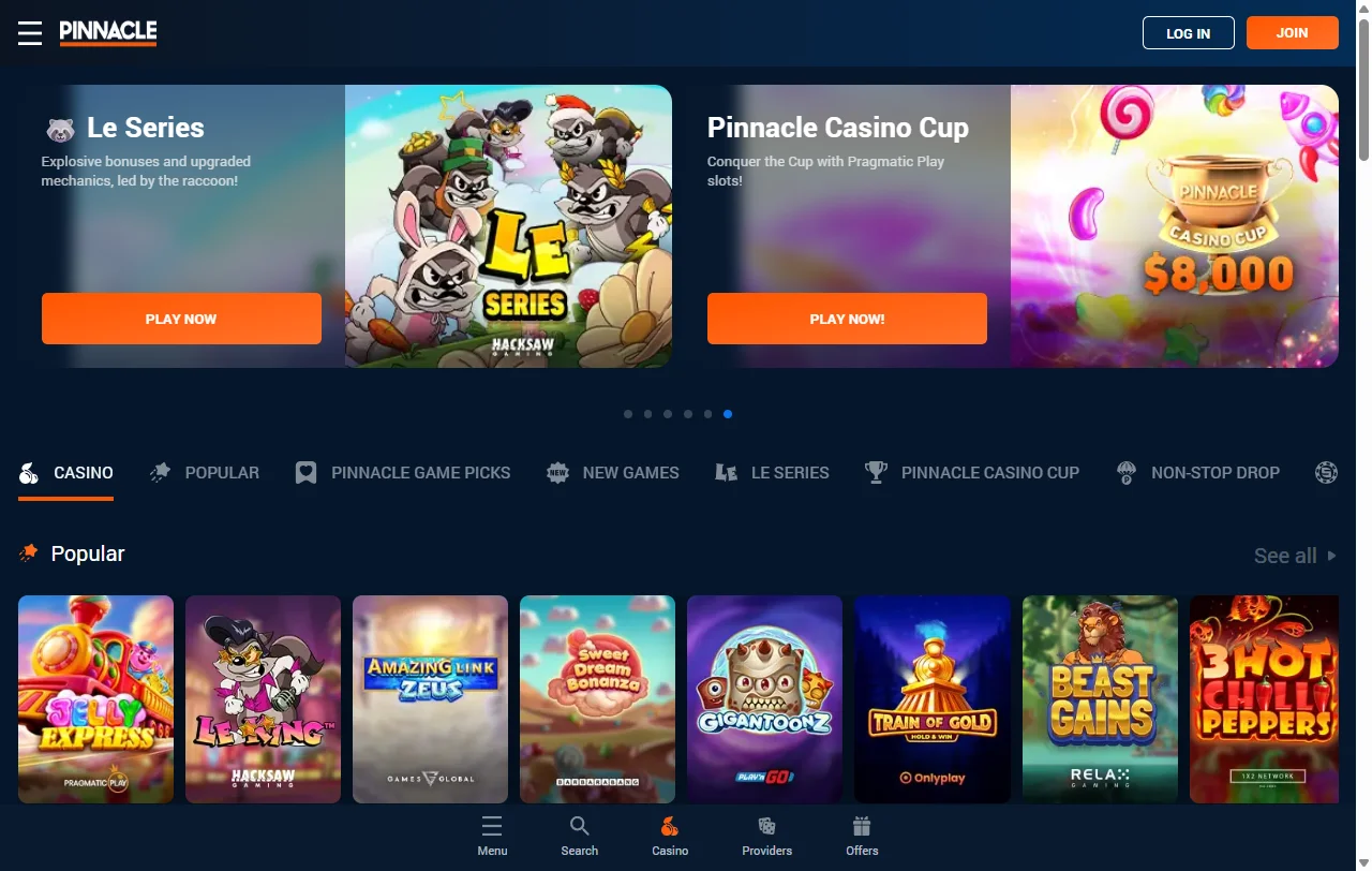 Pinnacle Casino desktop platform interface showing complete game library and navigation menu for Australia players