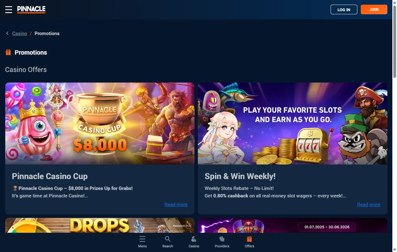 Pinnacle Casino slots and table games selection with provider filters and category organisation