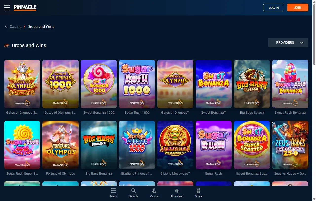 Pinnacle Casino welcome bonus promotion and ongoing reload offers displayed on desktop interface