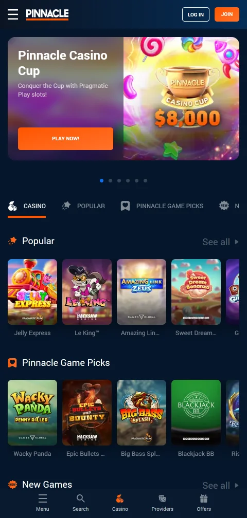 Pinnacle Casino mobile browser experience with responsive design and touch-optimised navigation