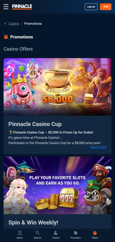 Mobile deposit and withdrawal options at Pinnacle Casino with payment method selection interface