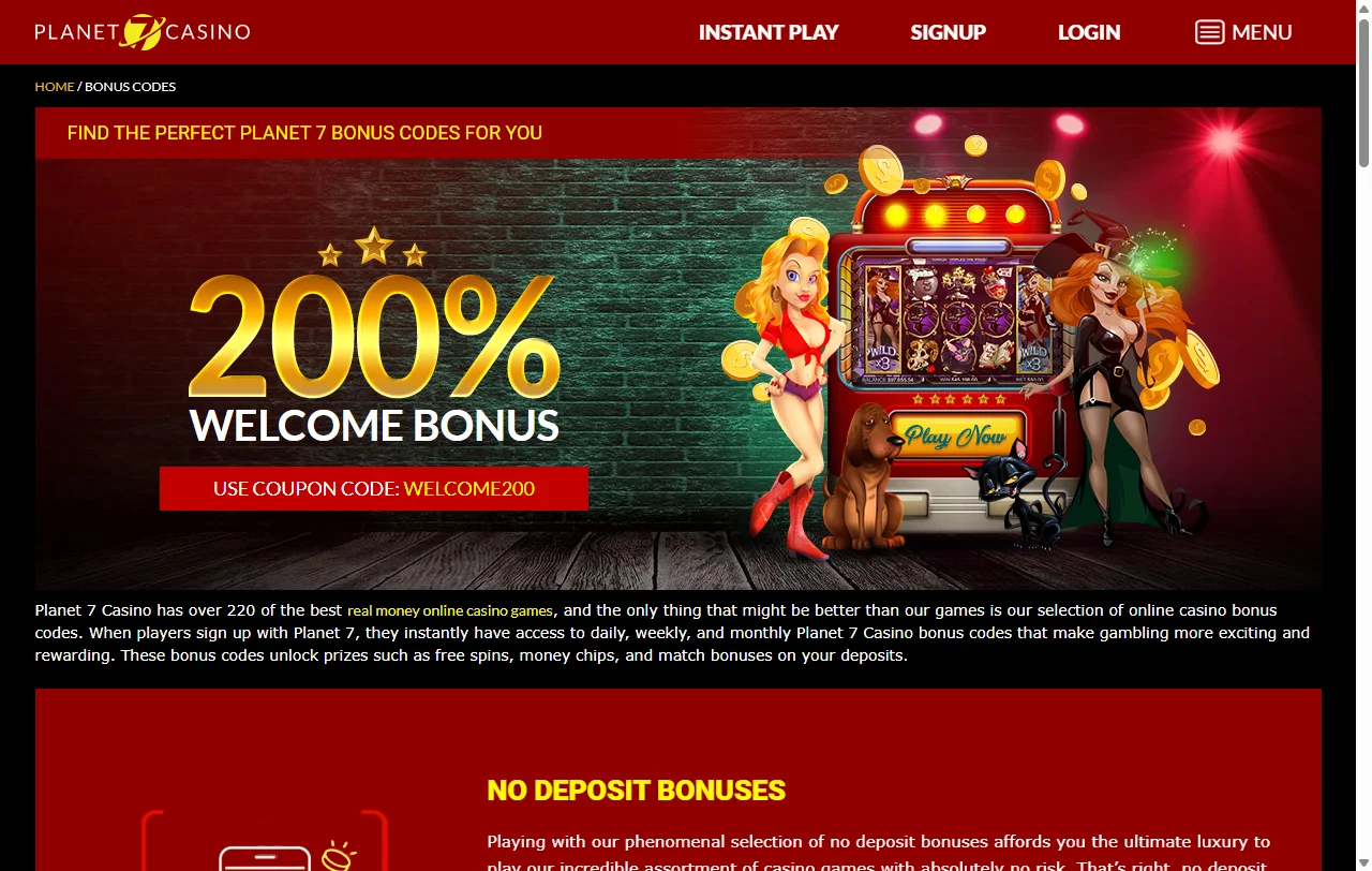 Welcome bonus package and promotional offers available at Planet 7 Casino