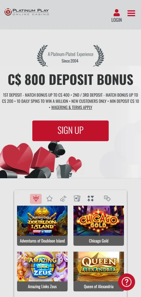 Mobile-optimised Platinum Play Casino interface supporting iOS and Android devices with full game access