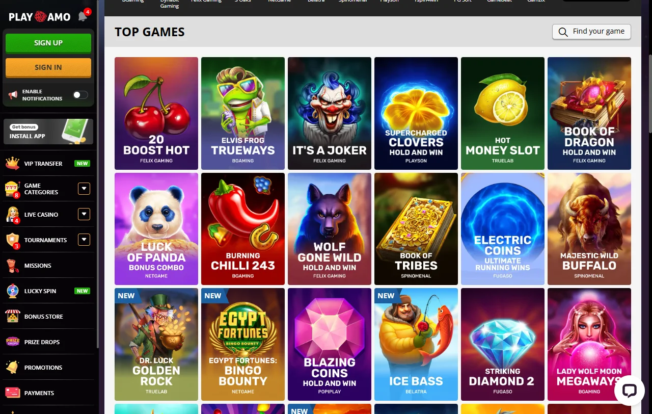 PlayAmo Casino game library featuring slots, table games and live dealer entertainment options