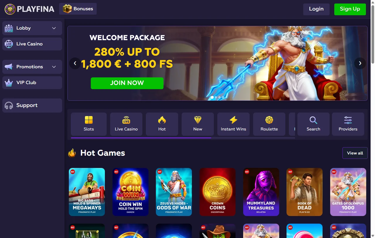 Comprehensive Playfina Casino review showing complete platform features and game library overview
