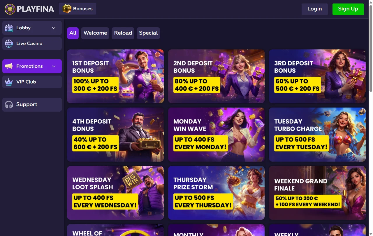 Playfina Casino slots and live dealer games collection featuring Pragmatic Play and Evolution Gaming titles