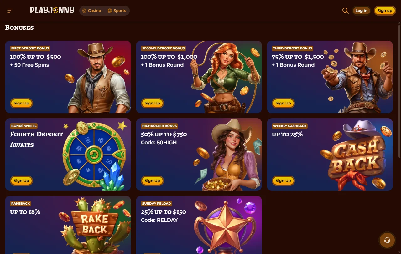 Game selection at PlayJonny Casino featuring slots, table games and live dealer options