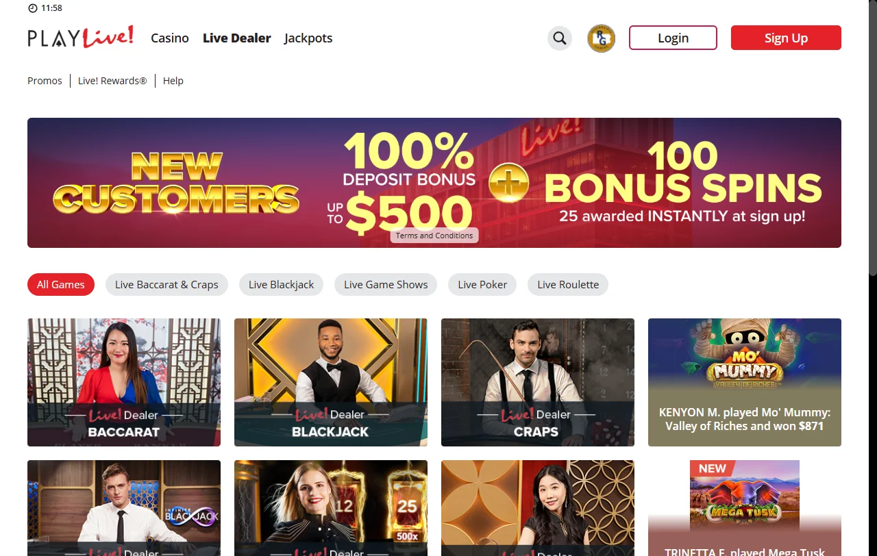 PlayLive Casino game library featuring slots, table games and live dealer titles from Pragmatic Play and Evolution Gaming