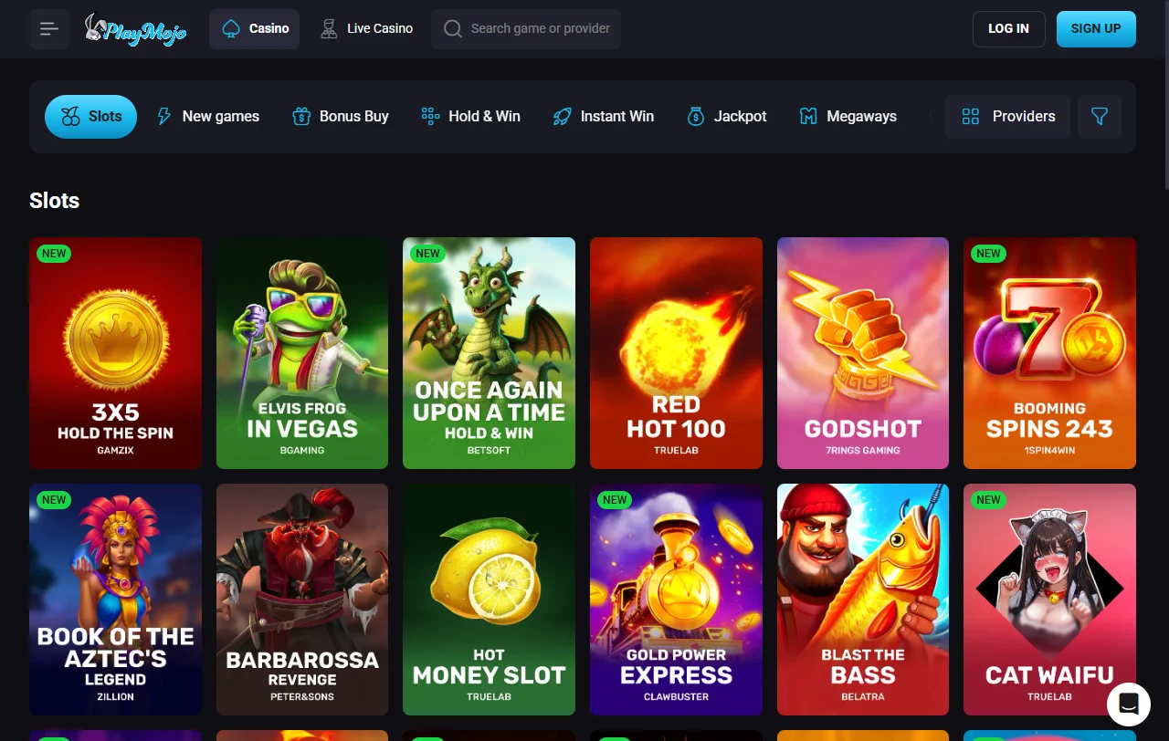 Game library showcase at PlayMojo Casino featuring slots, table games and live dealer offerings