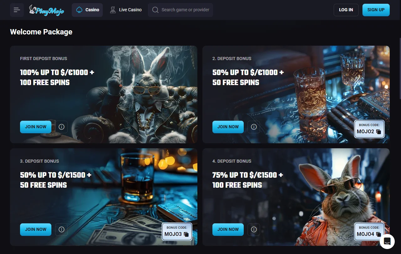 Bonus and promotions structure at PlayMojo Casino including welcome package and loyalty rewards