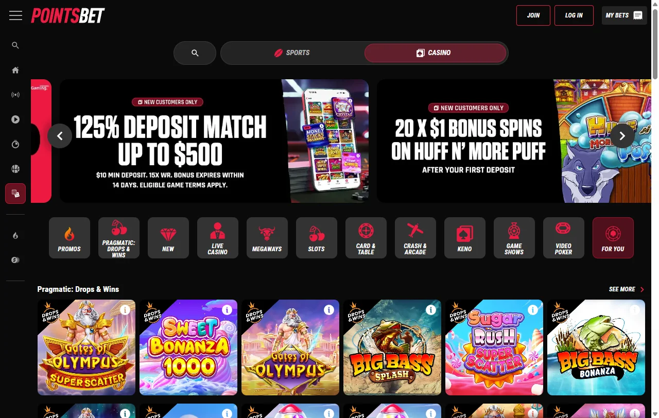 Online slots, table games and live dealer offerings available at PointsBet Casino