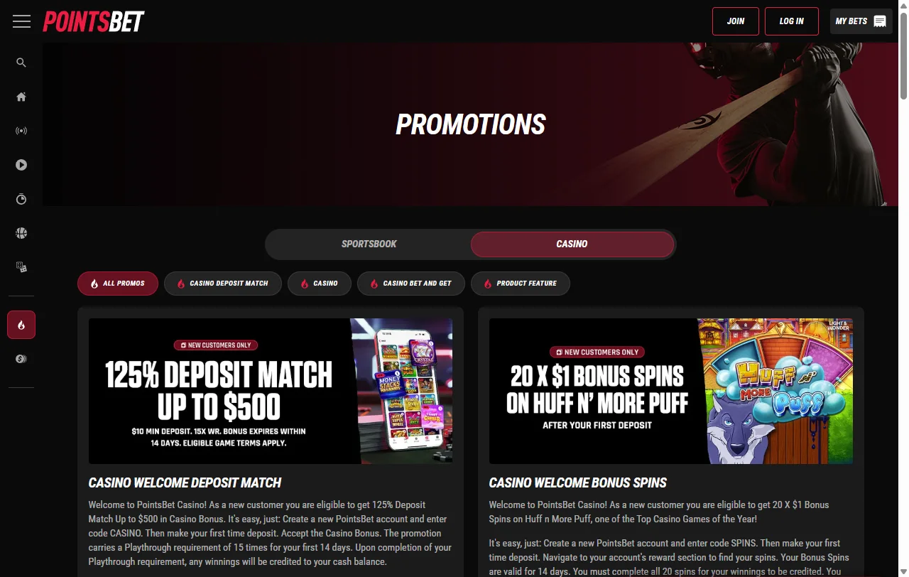 Welcome bonus and promotional offers featured at PointsBet Casino