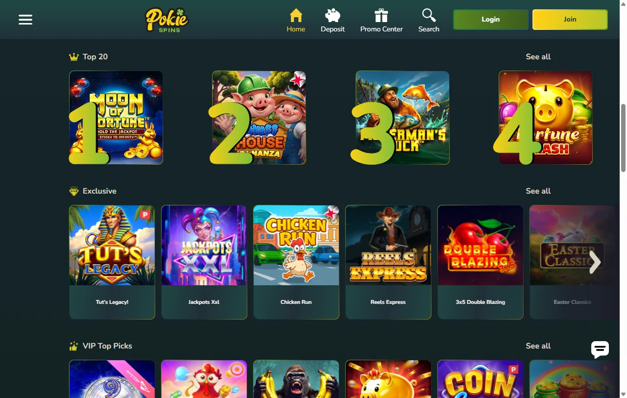 Game library featuring slots and table games at Pokie Spins Casino