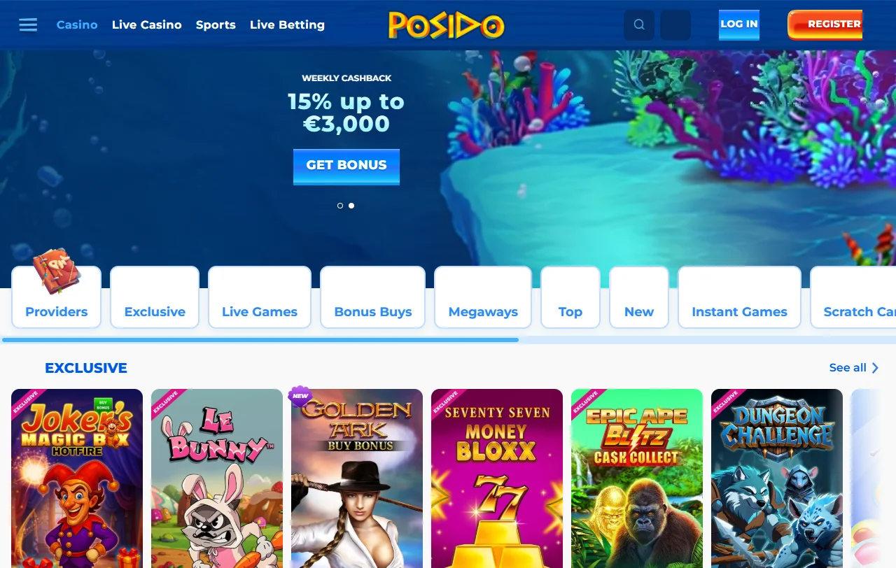Diverse game selection featuring Pragmatic Play, Evolution Gaming, and NetEnt titles available at Posido Casino