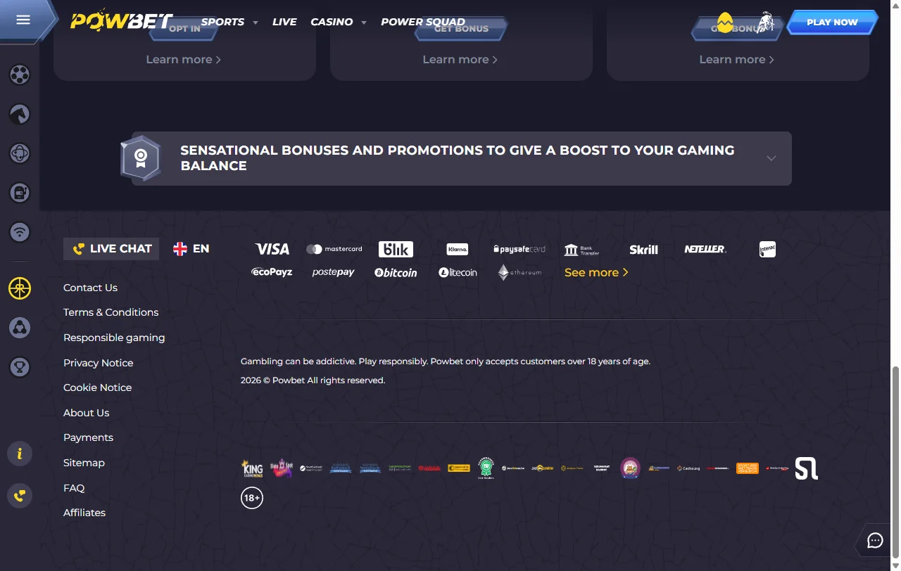 Game library selection and software providers available at Powbet Casino