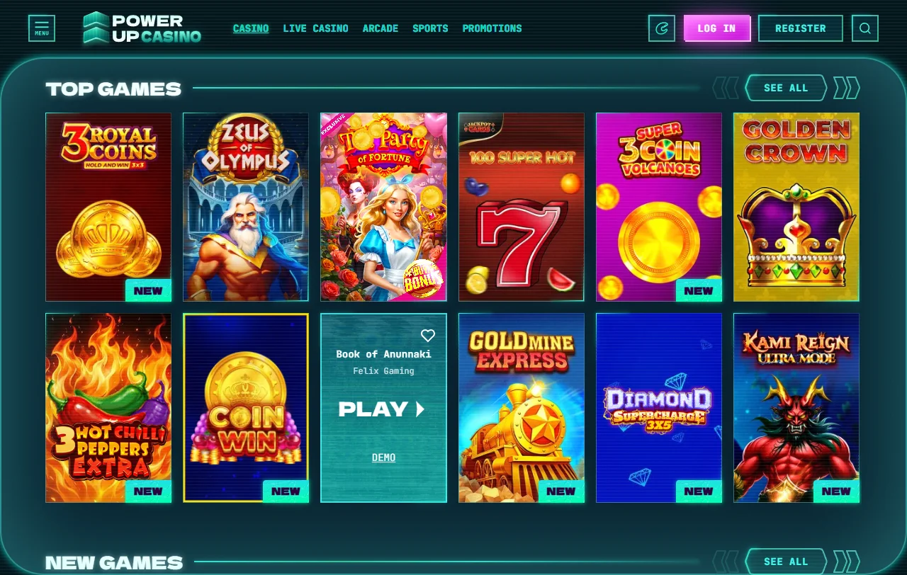Slots and table games library at Powerup Casino with provider filters and search functionality