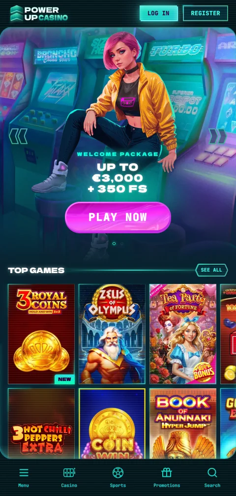 Powerup Casino mobile browser interface optimised for smartphone gaming without app installation