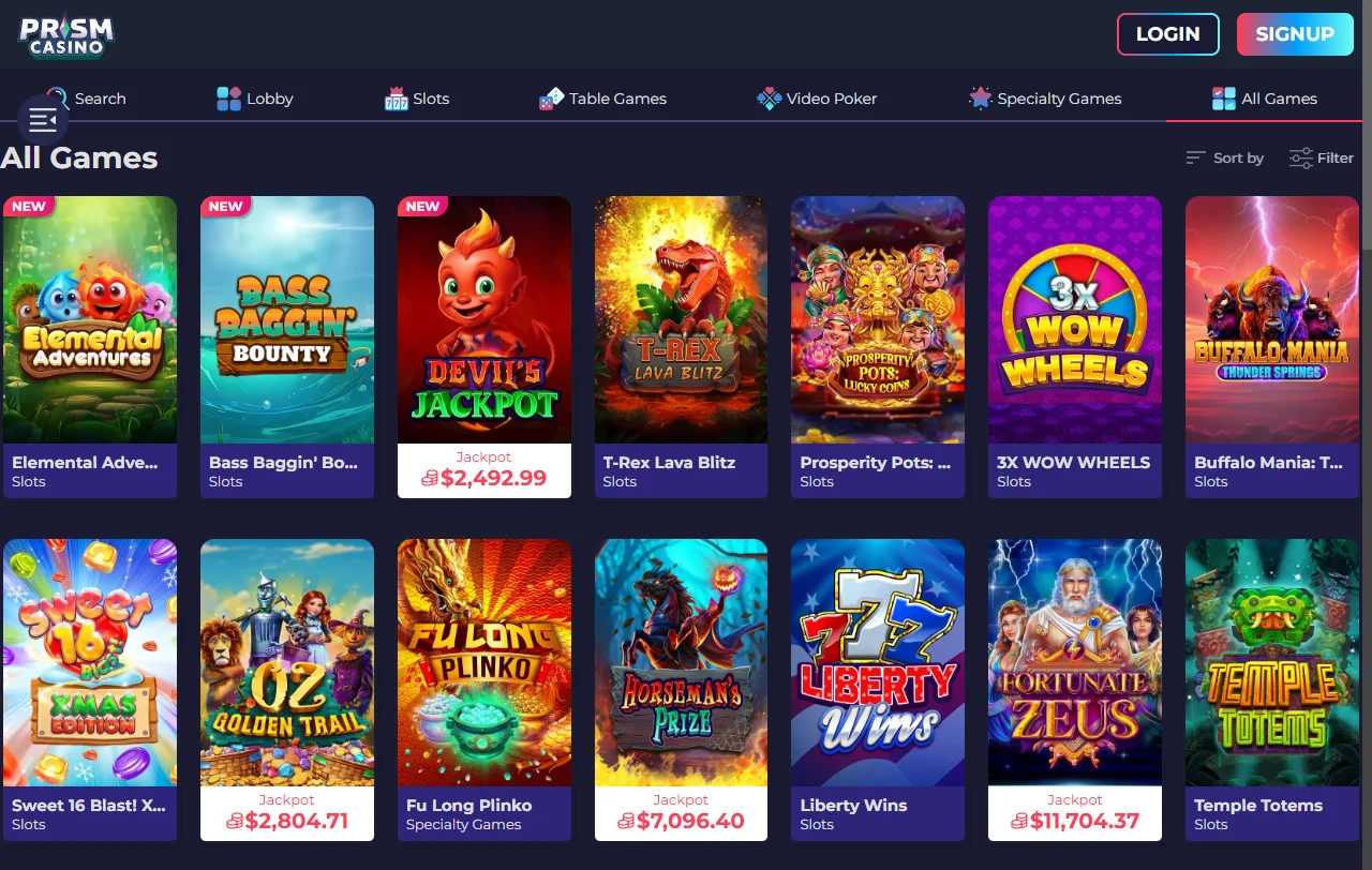 Game library showcase featuring Prism Casino slots and live dealer games from Evolution Gaming