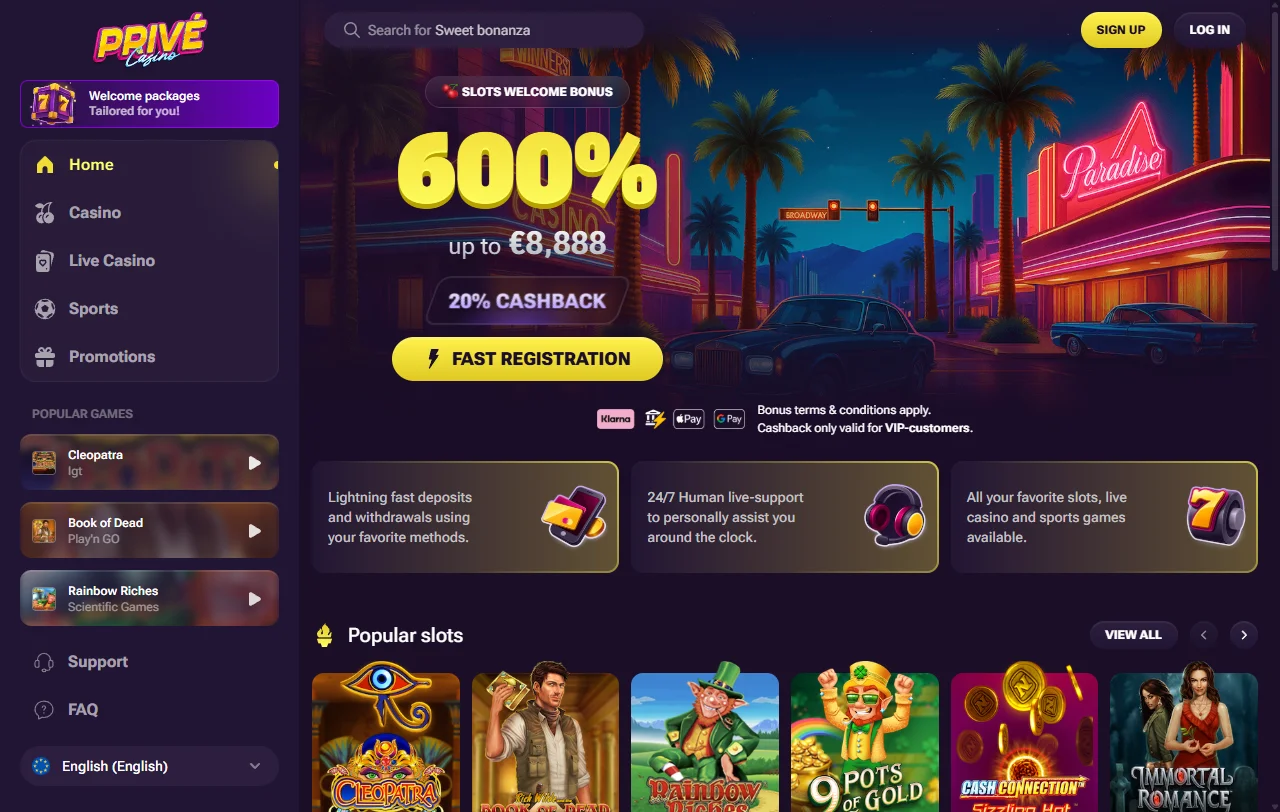 Prive Casino desktop interface showing comprehensive game library and account dashboard