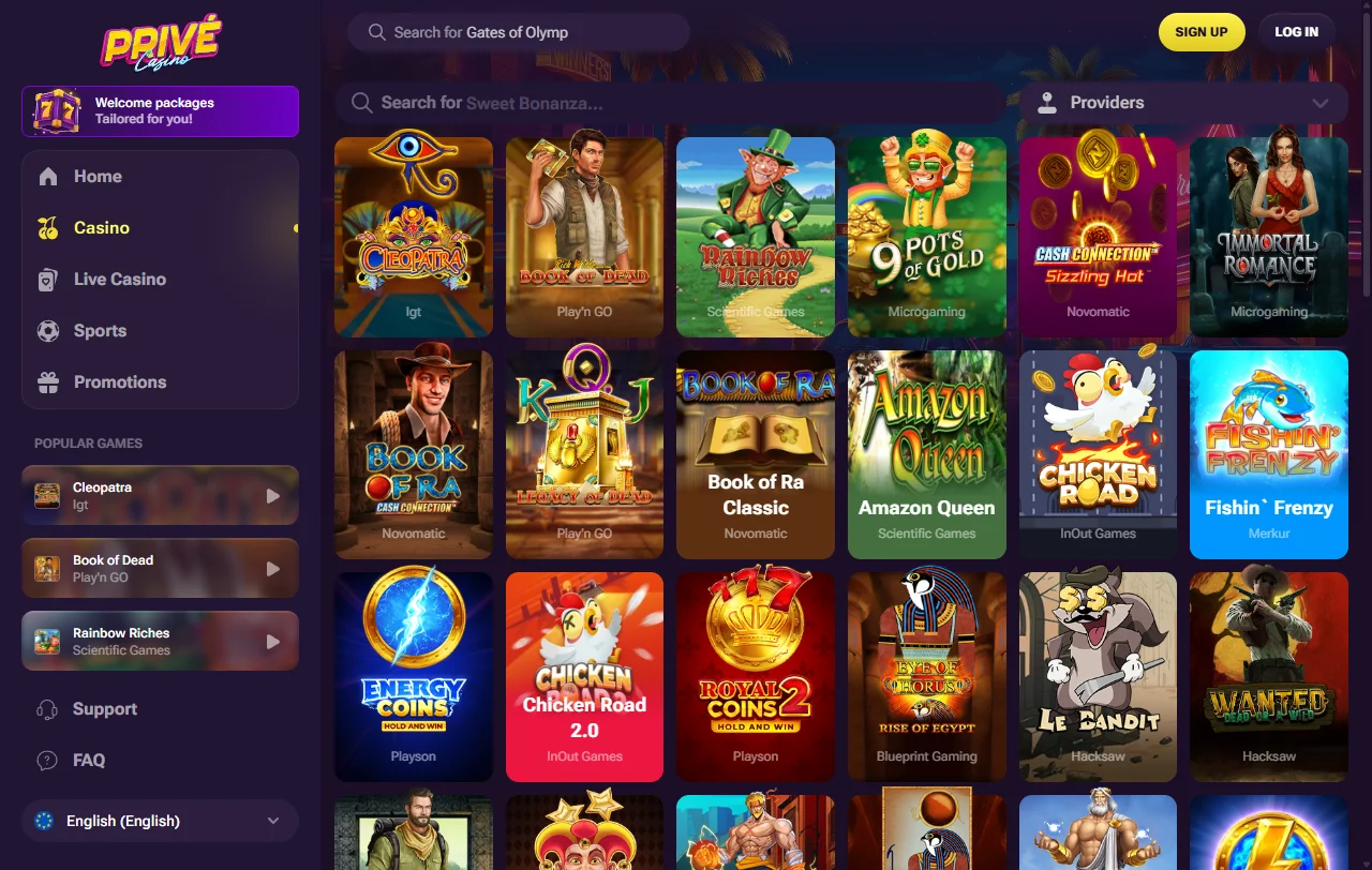 Slots and table games selection at Prive Casino with game filtering and provider information