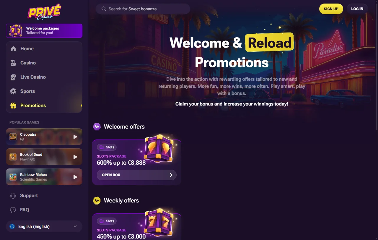 Prive Casino welcome bonus and promotional offers displayed on main platform