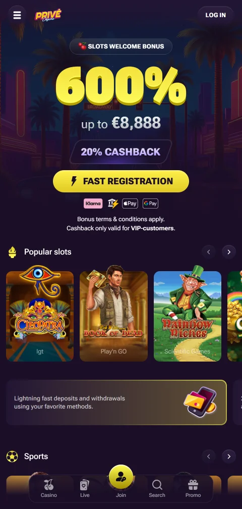 Prive Casino mobile experience with responsive design and touch-optimized controls