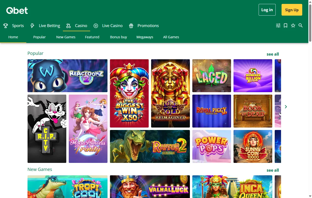 Extensive game selection and software providers powering Qbet Casino
