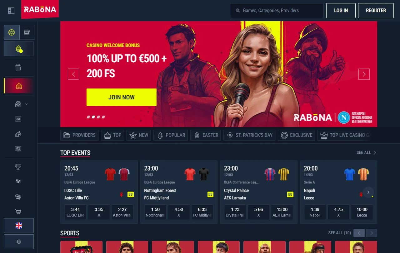 Rabona Casino platform overview showing game library and account dashboard interface