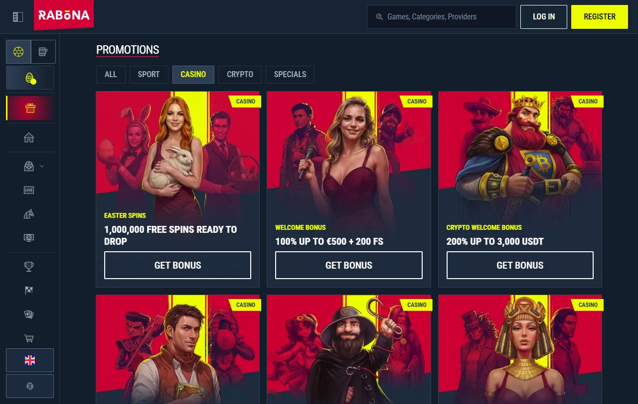 Slot games and table games selection available at Rabona Casino with provider filters