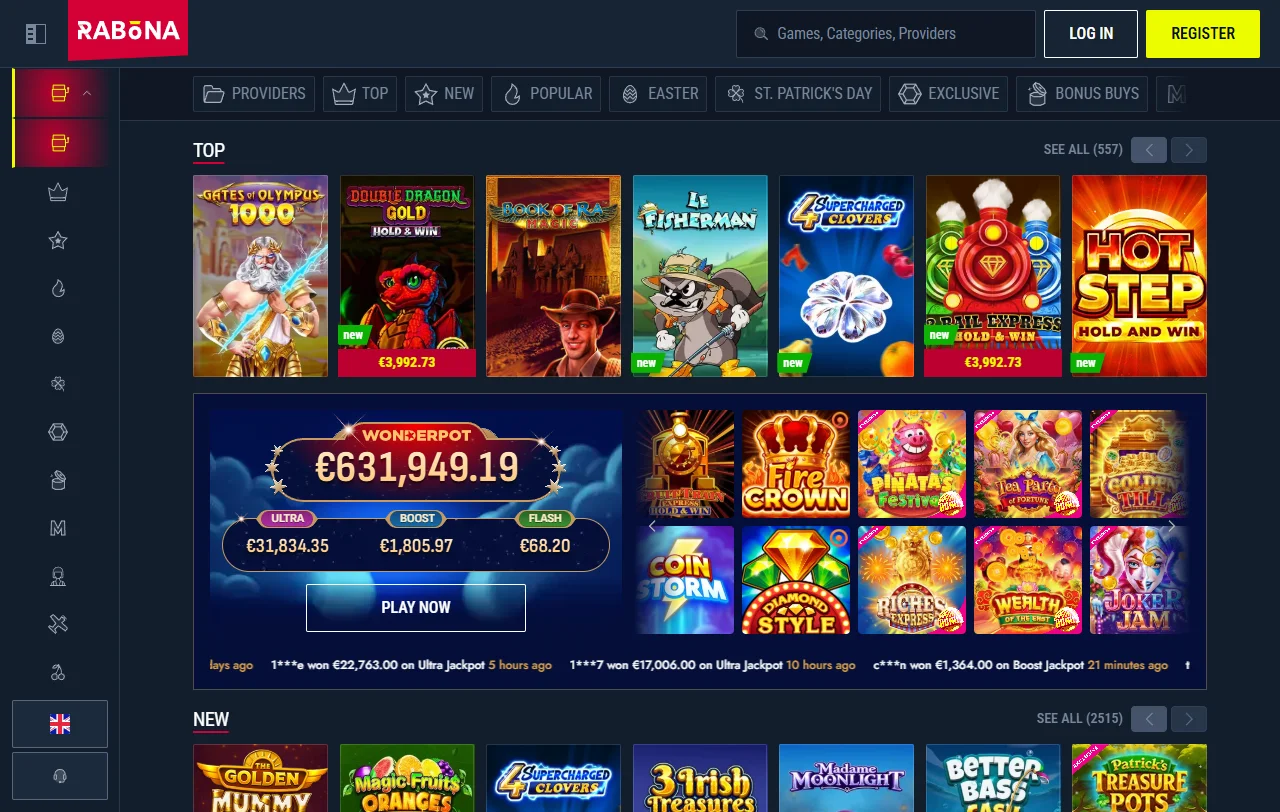 Welcome bonus offer and promotional banners displayed on Rabona Casino homepage