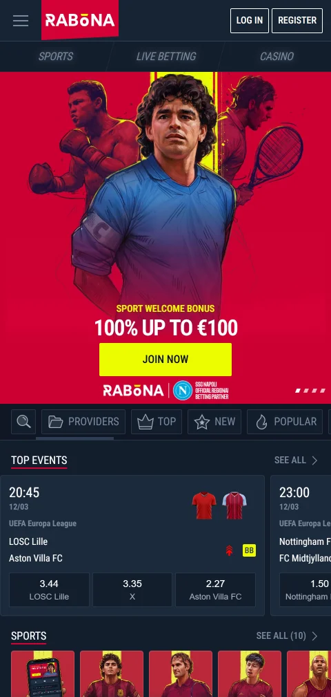 Rabona Casino mobile browser interface with responsive design for smartphone access