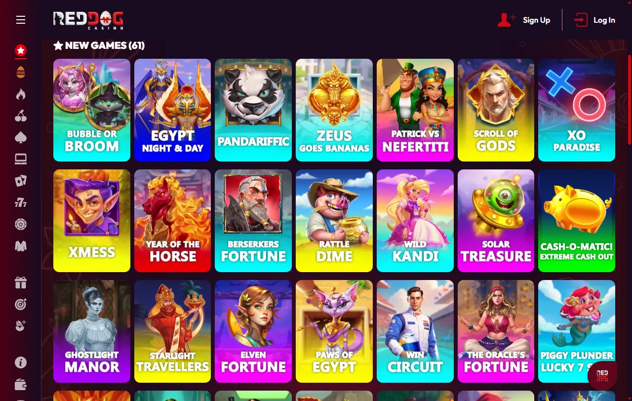 Slot games and table game library featuring Pragmatic Play and NetEnt titles available at Red Dog Casino