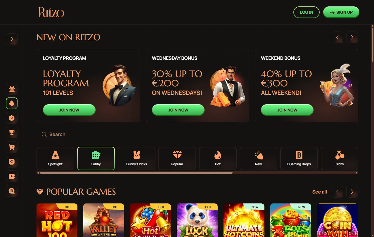 Ritzo Casino platform homepage displaying complete game library and account dashboard for Australia players
