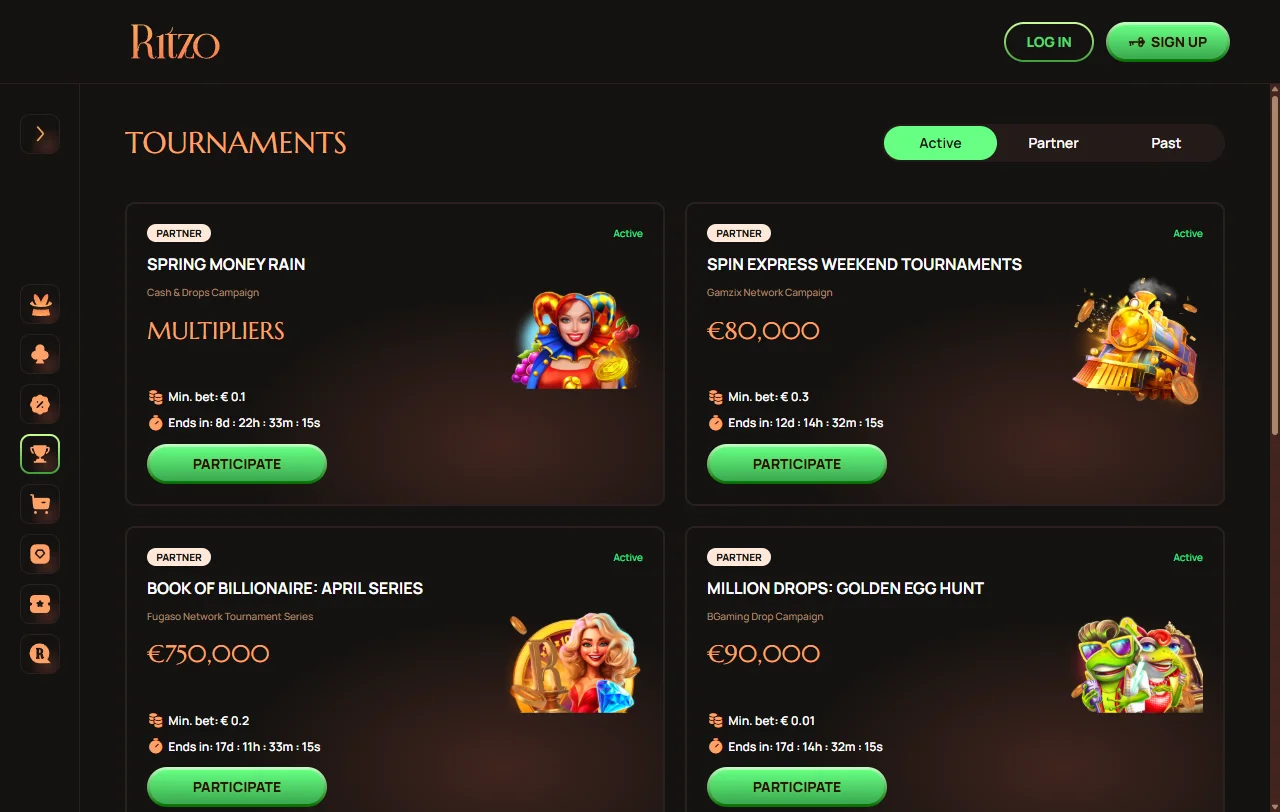 Slots and live dealer game categories featured at Ritzo Casino with provider logos and game previews